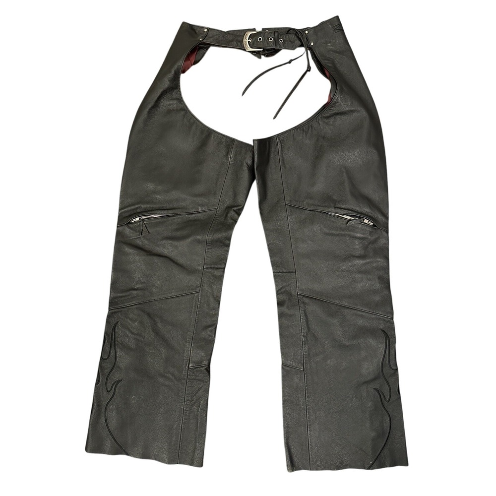 Power Trip Motorcycle Chaps‎ Men L Black Leather Flame Embroidered Riding Gear